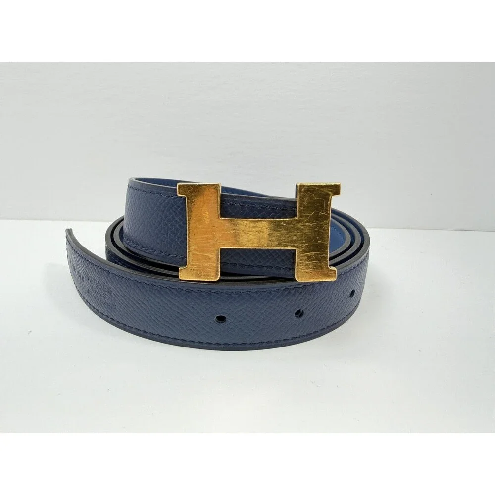 Authentic HERMES H Logo Reversible Belt Strap Blue Gold Tone Buckle Kit 85